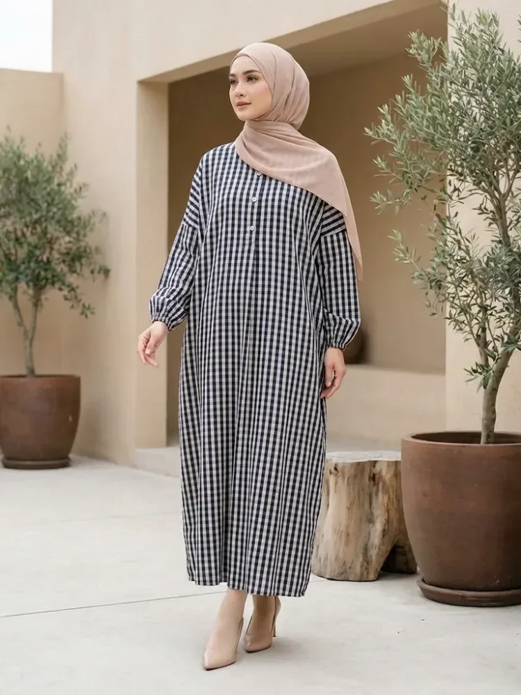 ASAYA Gaun panjang longgar kasual tipis bermotif dengan desain mode elegan