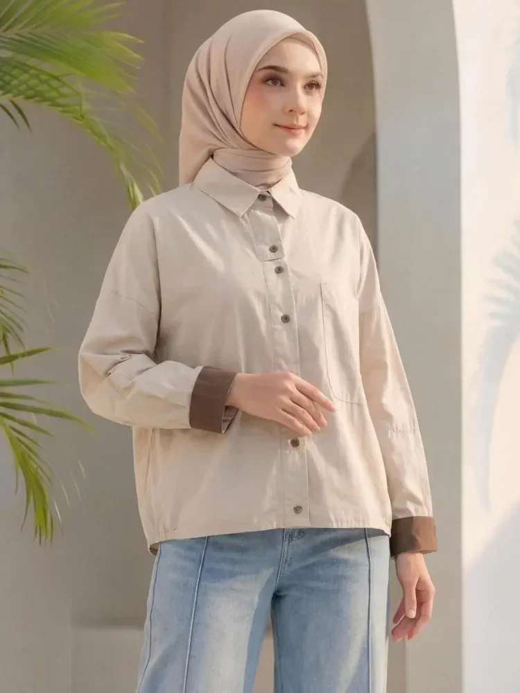 ASAYA Atasan kemeja wanita kerah lengan panjang kasual
