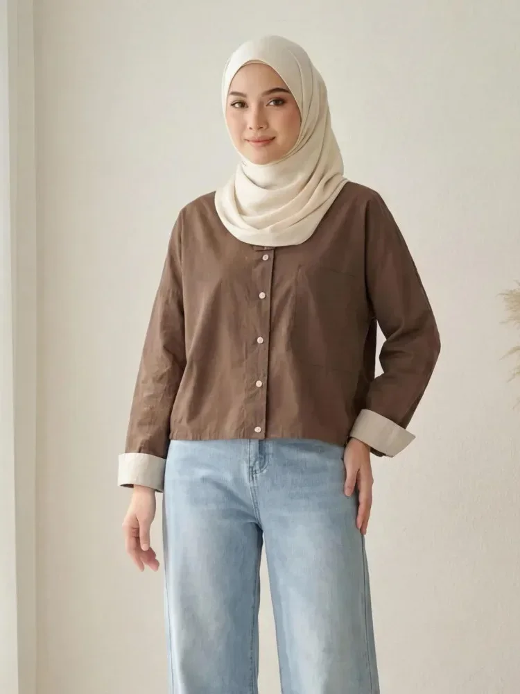 ASAYA Atasan kemeja wanita kerah lengan panjang kasual