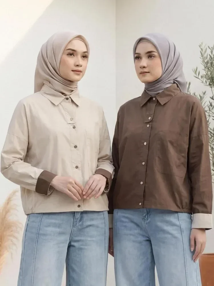 ASAYA Atasan kemeja wanita kerah lengan panjang kasual