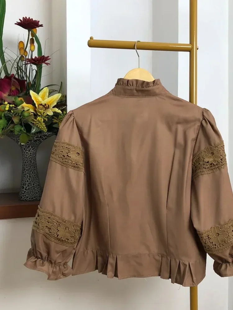 CHICMORE Atasan kemeja longgar warna hijau cantik kancing sebaris lengan panjang untuk wanita gaya retro