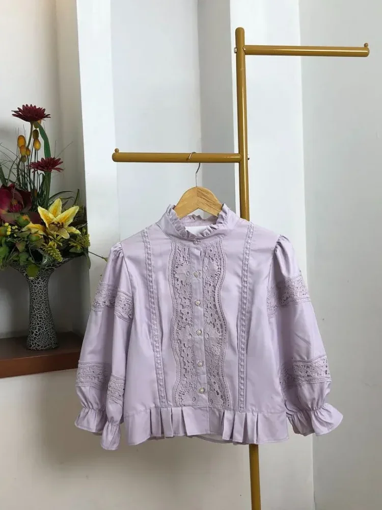 CHICMORE Atasan kemeja longgar warna hijau cantik kancing sebaris lengan panjang untuk wanita gaya retro