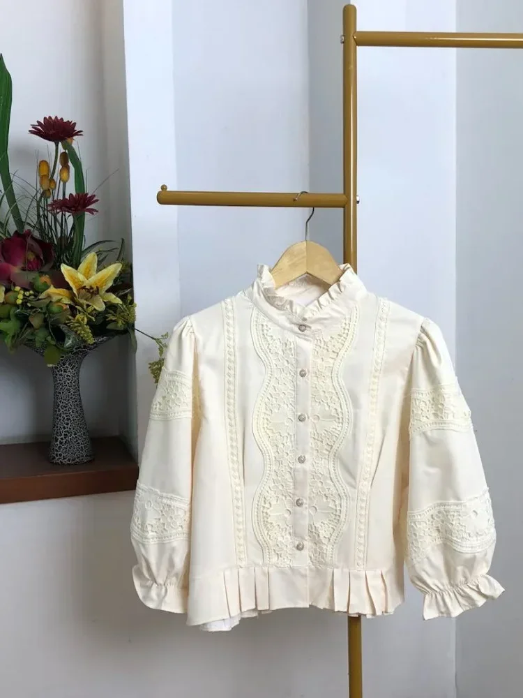 CHICMORE Atasan kemeja longgar warna hijau cantik kancing sebaris lengan panjang untuk wanita gaya retro