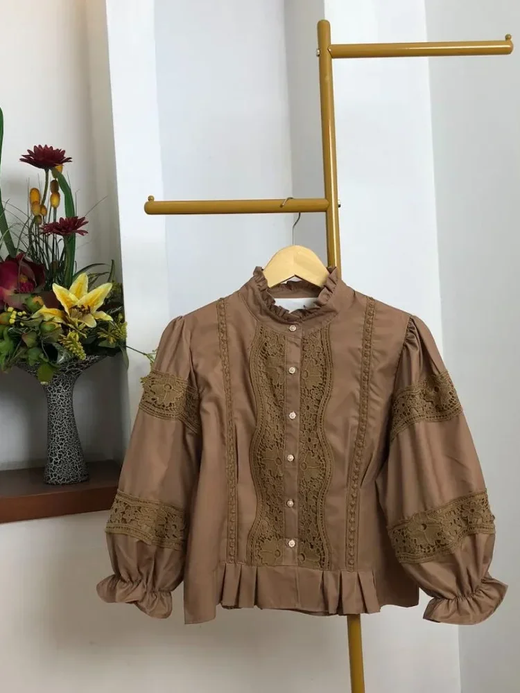 CHICMORE Atasan kemeja longgar warna hijau cantik kancing sebaris lengan panjang untuk wanita gaya retro