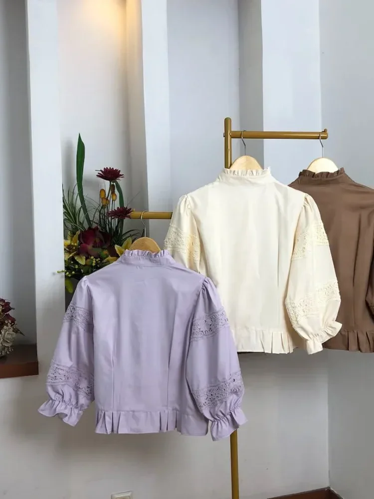 CHICMORE Atasan kemeja longgar warna hijau cantik kancing sebaris lengan panjang untuk wanita gaya retro