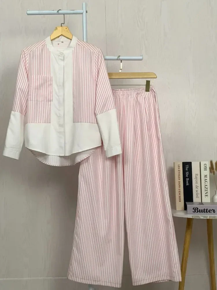 [READY STOCK]ASAYA Setelan celana panjang wanita lengan panjang dua potong bergaris gaya kasual kelas atas