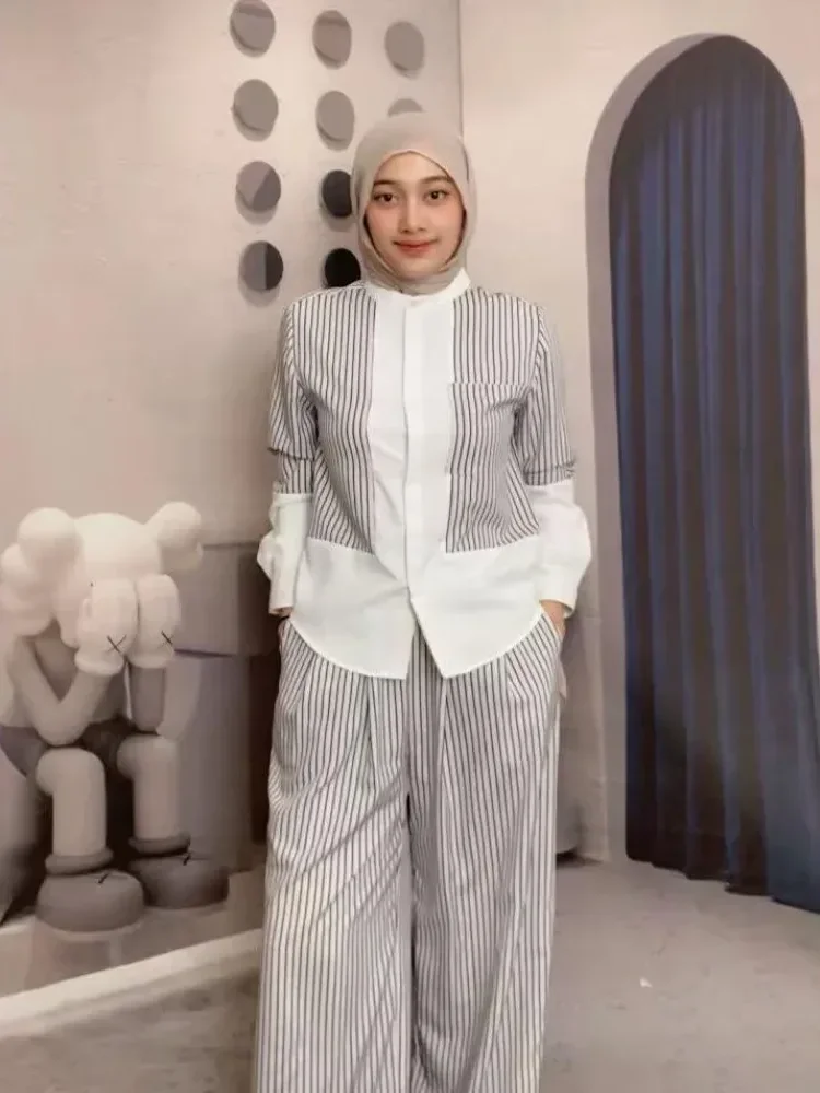 [READY STOCK]ASAYA Setelan celana panjang wanita lengan panjang dua potong bergaris gaya kasual kelas atas