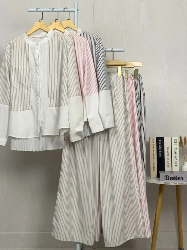 [READY STOCK]ASAYA Setelan celana panjang wanita lengan panjang dua potong bergaris gaya kasual kelas atas