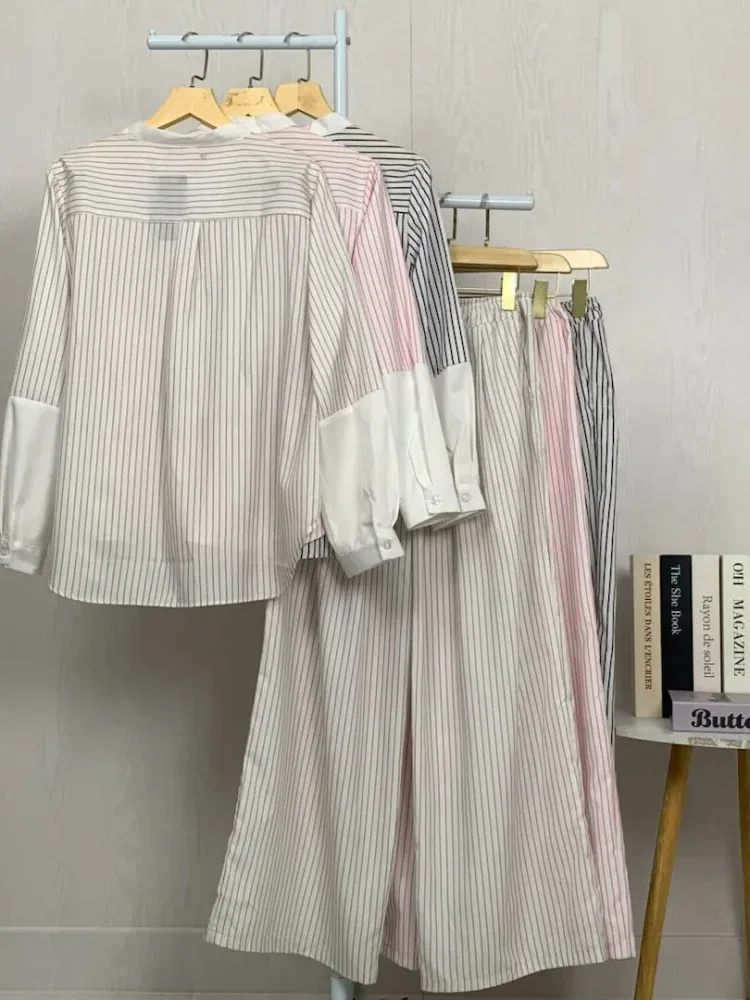 [READY STOCK]ASAYA Setelan celana panjang wanita lengan panjang dua potong bergaris gaya kasual kelas atas