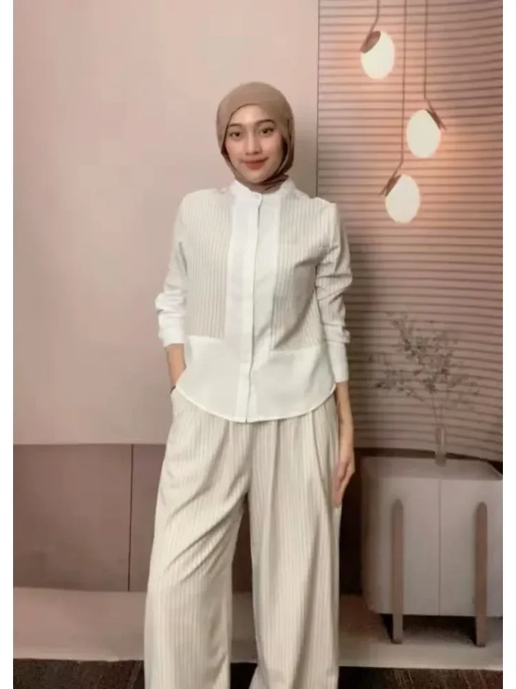 [READY STOCK]ASAYA Setelan celana panjang wanita lengan panjang dua potong bergaris gaya kasual kelas atas