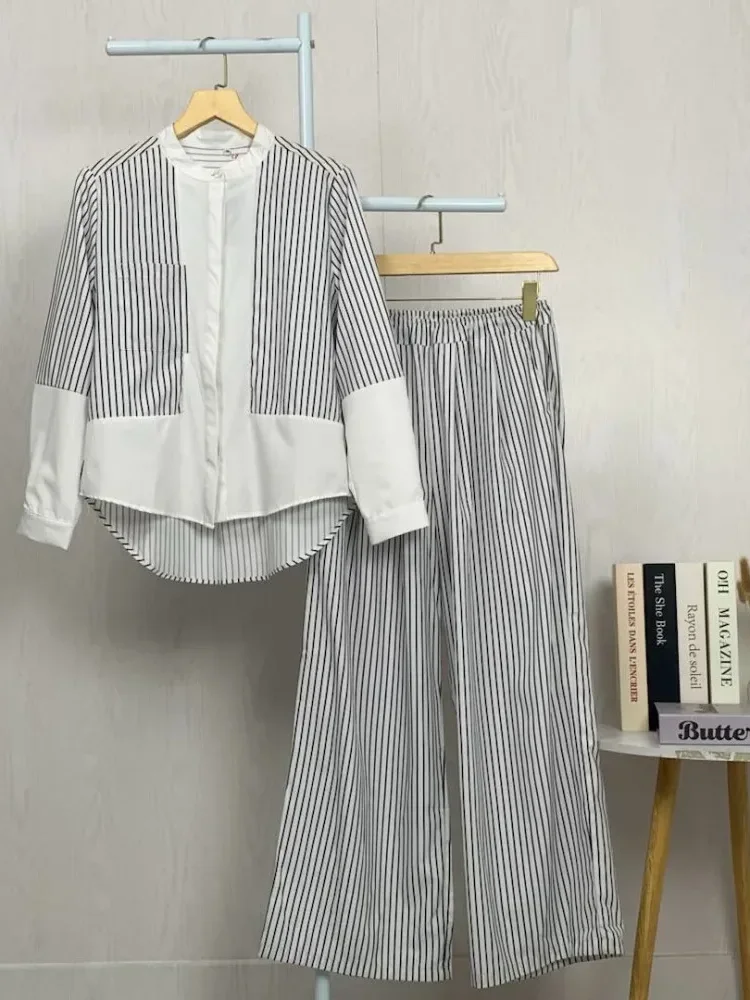 [READY STOCK]ASAYA Setelan celana panjang wanita lengan panjang dua potong bergaris gaya kasual kelas atas