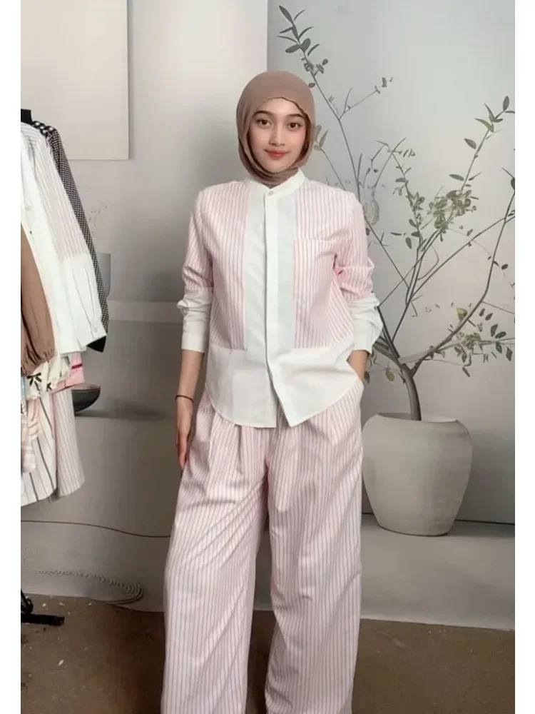 [READY STOCK]ASAYA Setelan celana panjang wanita lengan panjang dua potong bergaris gaya kasual kelas atas