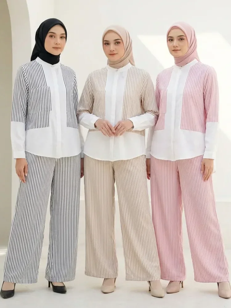 [READY STOCK]ASAYA Setelan celana panjang wanita lengan panjang dua potong bergaris gaya kasual kelas atas