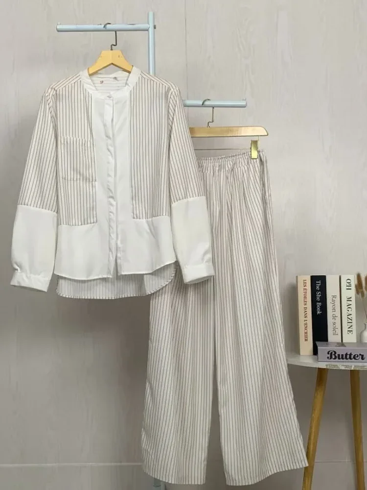 [READY STOCK]ASAYA Setelan celana panjang wanita lengan panjang dua potong bergaris gaya kasual kelas atas