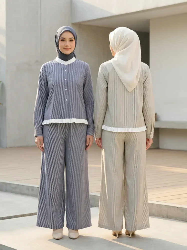 [READY STOCK]ASAYA Setelan dua potong kemeja bergaris lengan panjang manis wanita, kemeja leher bulat wanita, dan celana panjang