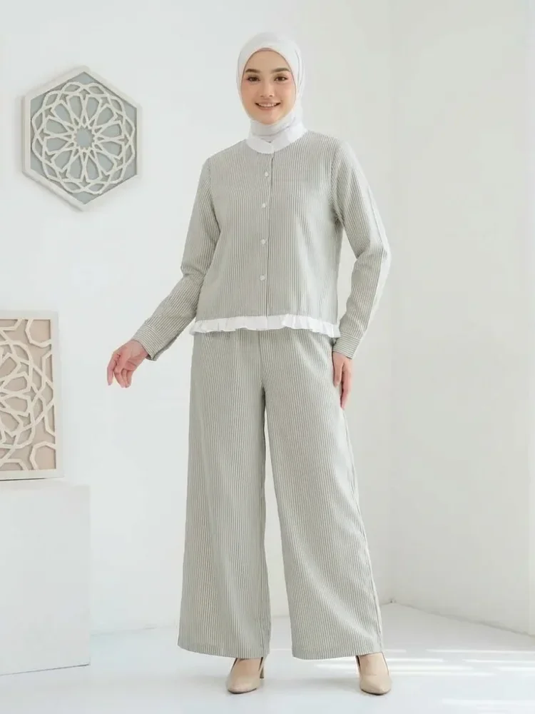 [READY STOCK]ASAYA Setelan dua potong kemeja bergaris lengan panjang manis wanita, kemeja leher bulat wanita, dan celana panjang