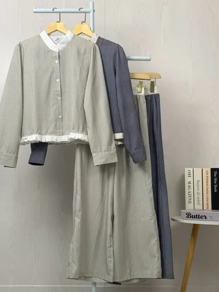 [READY STOCK]ASAYA Setelan dua potong kemeja bergaris lengan panjang manis wanita, kemeja leher bulat wanita, dan celana panjang
