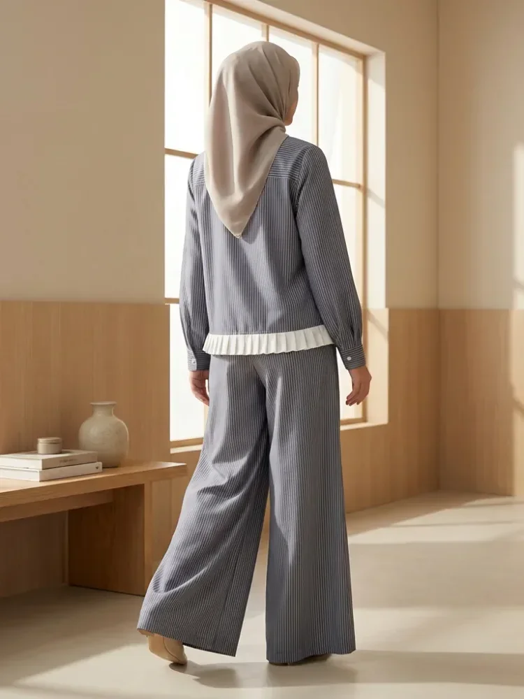 [READY STOCK]ASAYA Setelan dua potong kemeja bergaris lengan panjang manis wanita, kemeja leher bulat wanita, dan celana panjang