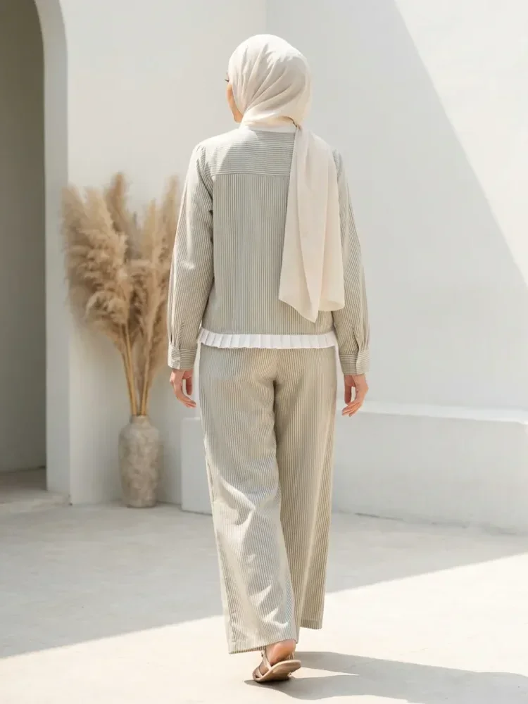 [READY STOCK]ASAYA Setelan dua potong kemeja bergaris lengan panjang manis wanita, kemeja leher bulat wanita, dan celana panjang