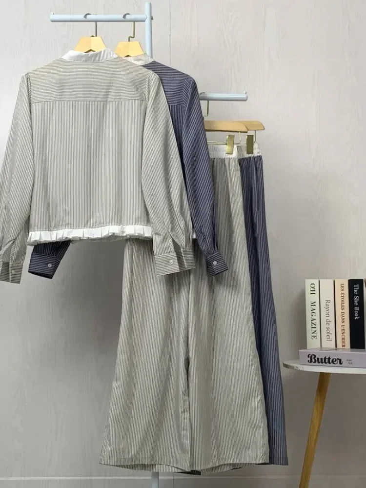 [READY STOCK]ASAYA Setelan dua potong kemeja bergaris lengan panjang manis wanita, kemeja leher bulat wanita, dan celana panjang