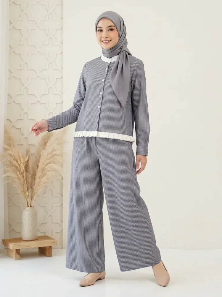 [READY STOCK]ASAYA Setelan dua potong kemeja bergaris lengan panjang manis wanita, kemeja leher bulat wanita, dan celana panjang