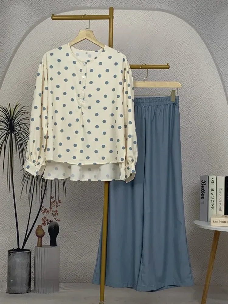 [READY STOCK]ASAYA Set kemeja lengan panjang bermotif lingkaran leher bulat bergaya vintage dan celana longgar