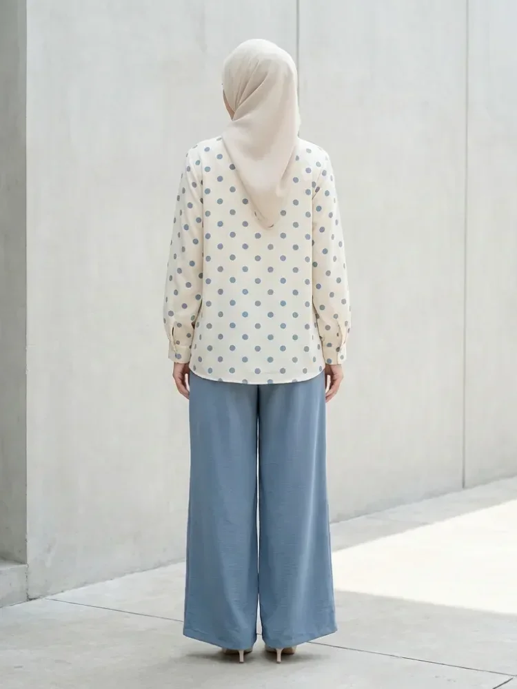 [READY STOCK]ASAYA Set kemeja lengan panjang bermotif lingkaran leher bulat bergaya vintage dan celana longgar