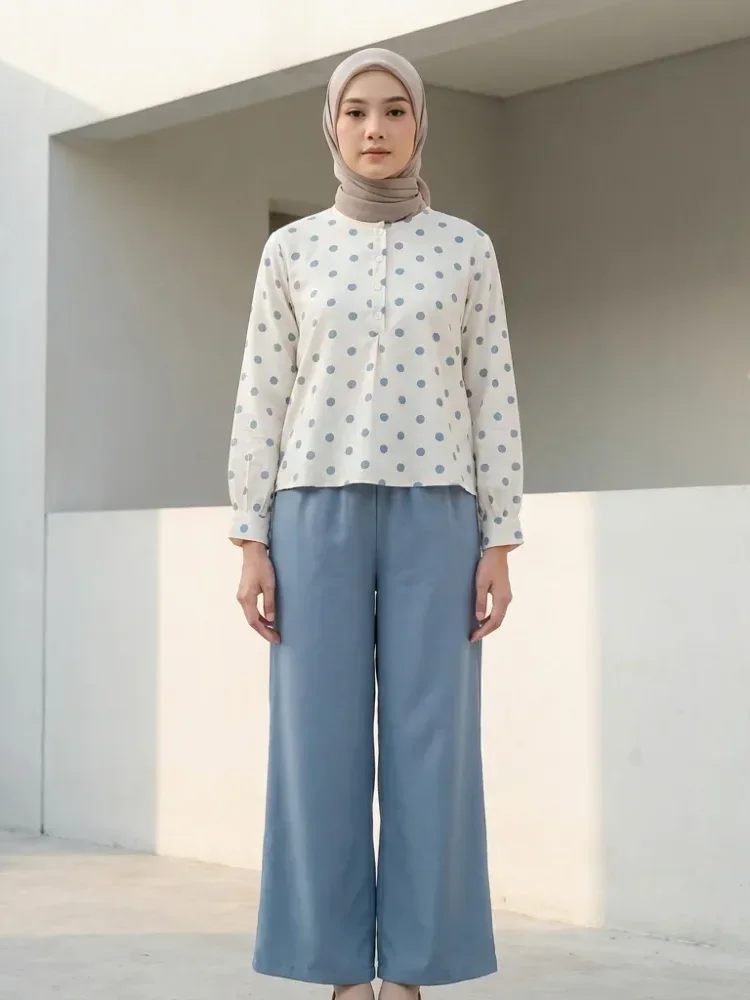 [READY STOCK]ASAYA Set kemeja lengan panjang bermotif lingkaran leher bulat bergaya vintage dan celana longgar