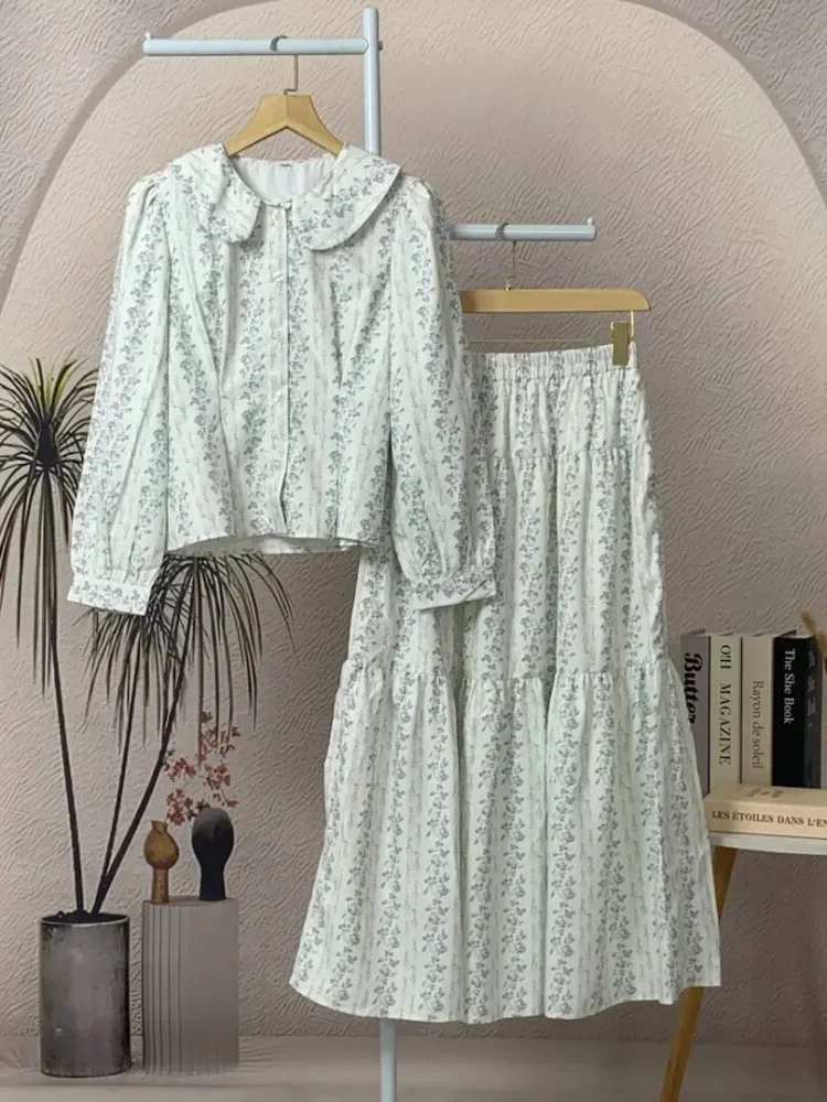 [NEW]ASAYA Rok kemeja lengan panjang leher awak setelan bunga