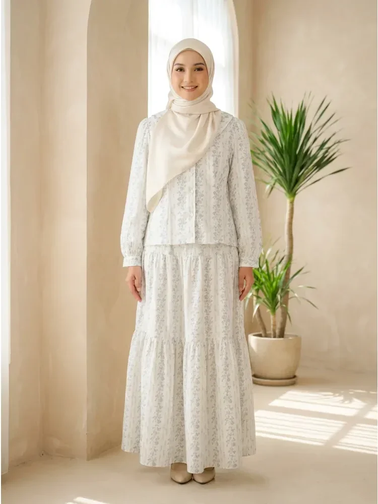 [NEW]ASAYA Rok kemeja lengan panjang leher awak setelan bunga