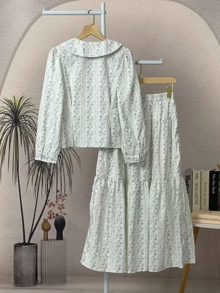 [NEW]ASAYA Rok kemeja lengan panjang leher awak setelan bunga