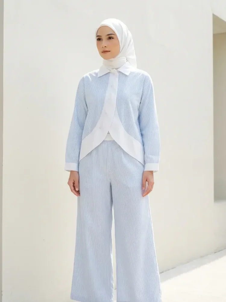ASAYA Setelan kemeja lengan panjang bergaris berkerah dan celana longgar bergaya retro, kasual, sehari-hari
