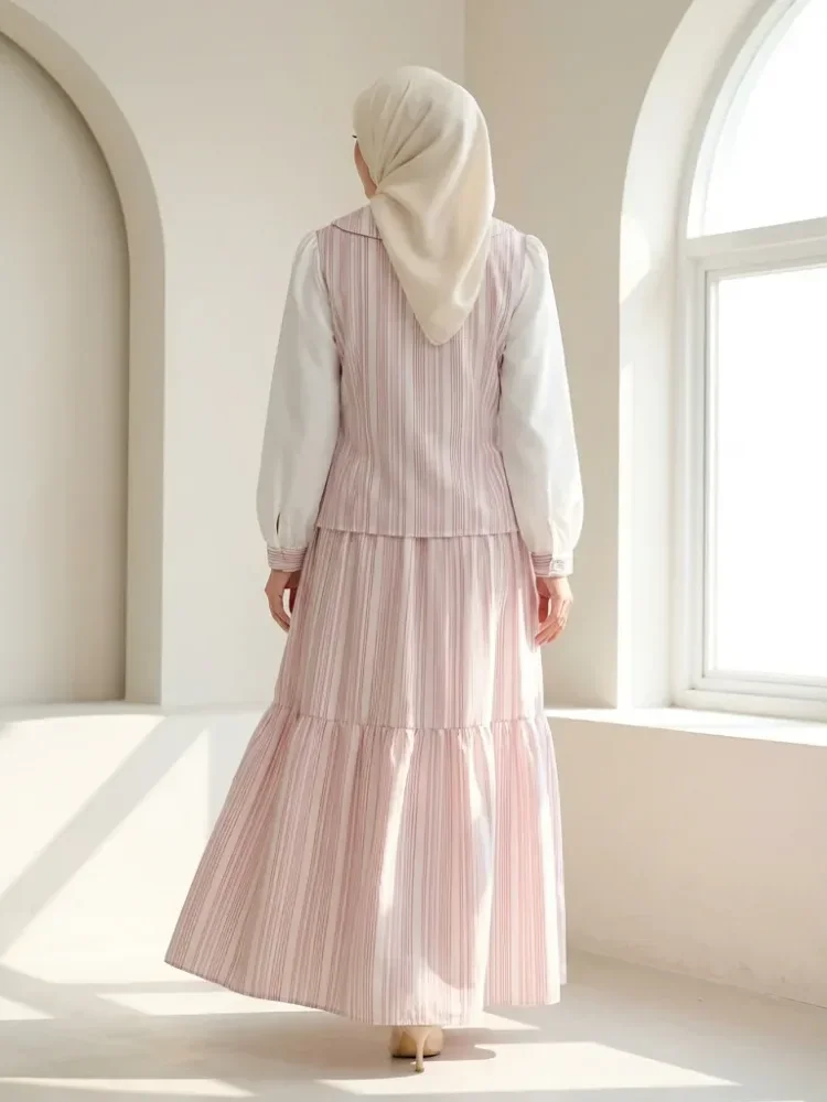 [READY STOCK]ASAYA Gaun kemeja lengan panjang kerah kelopak set patchwork bergaris