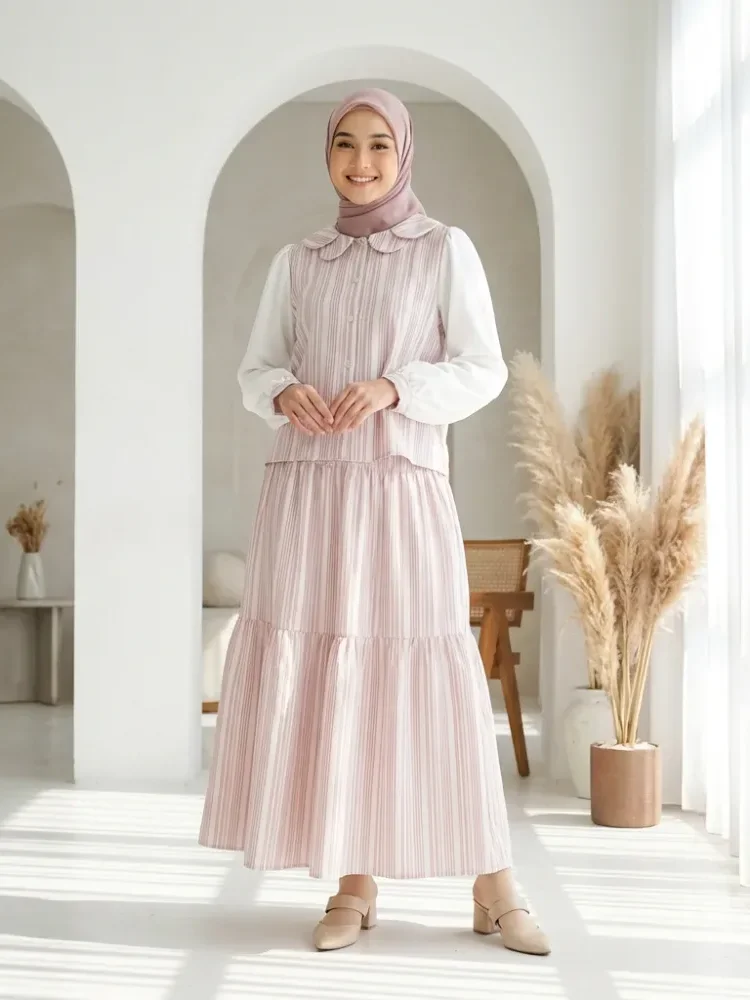 [READY STOCK]ASAYA Gaun kemeja lengan panjang kerah kelopak set patchwork bergaris