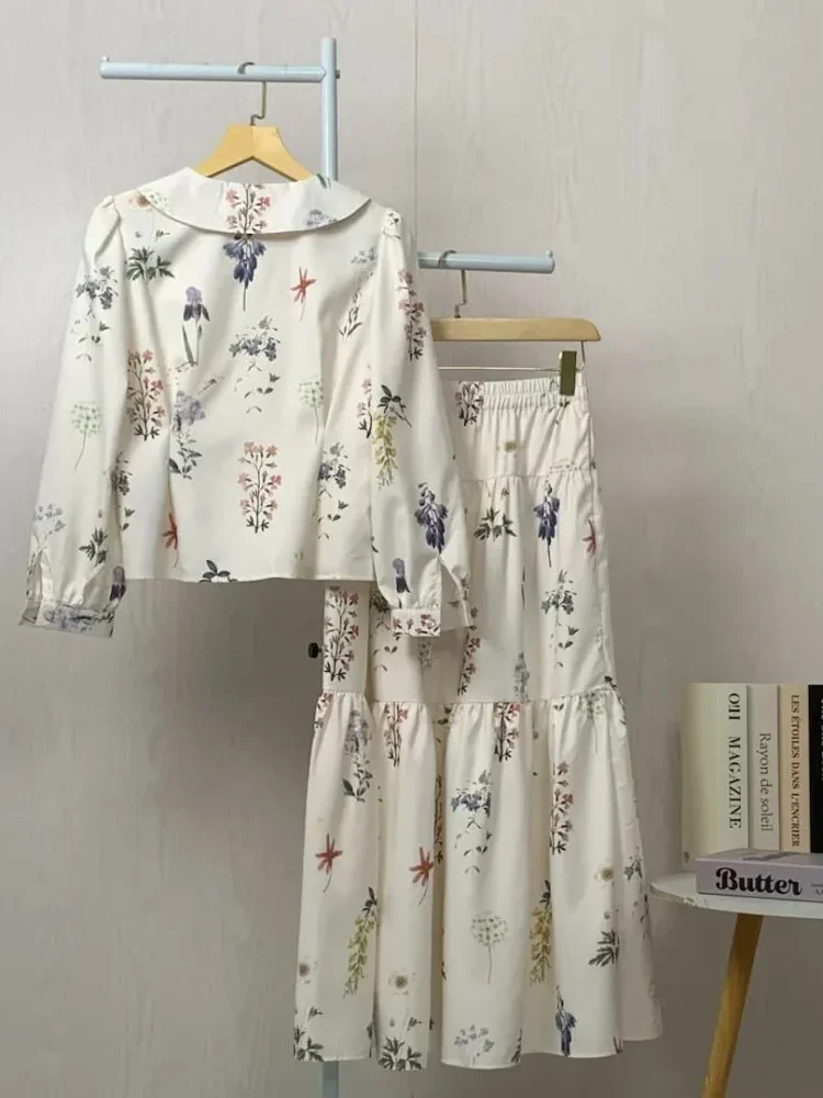 ASAYA Rok kemeja lengan panjang leher awak setelan bunga