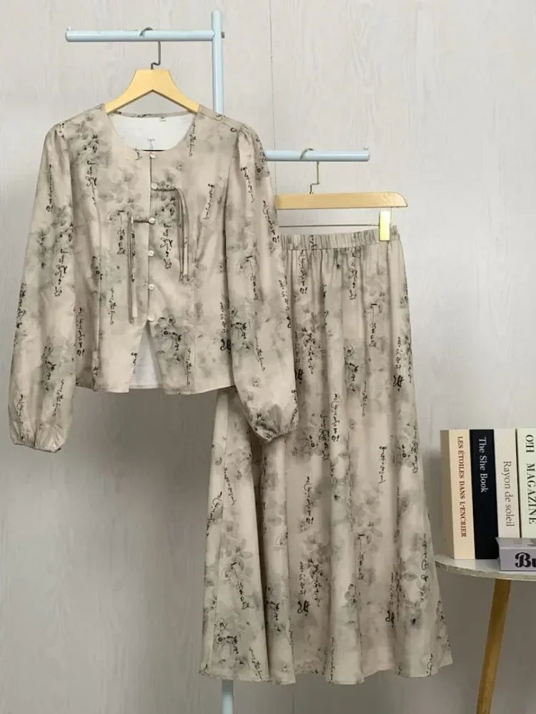 [NEW]ASAYA Setelan wanita bergaya retro tiongkok, atasan lengan panjang dengan kancing buatan tangan dipadukan dengan rok model a-line yang stylish