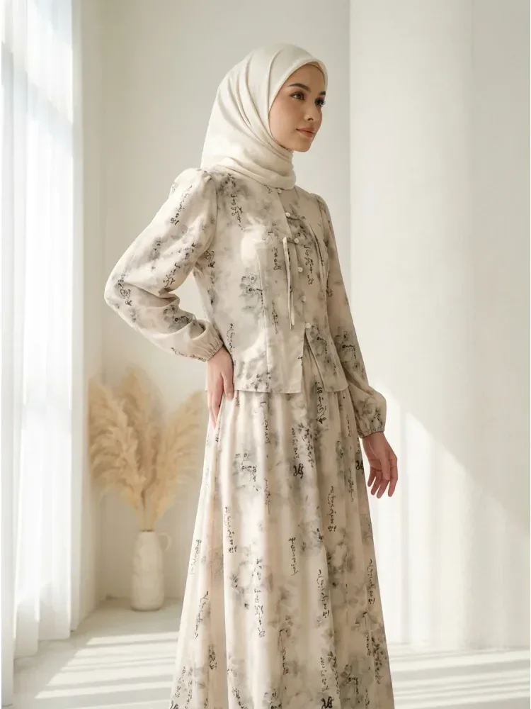 [NEW]ASAYA Setelan wanita bergaya retro tiongkok, atasan lengan panjang dengan kancing buatan tangan dipadukan dengan rok model a-line yang stylish