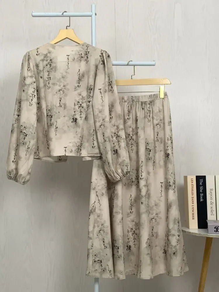 [NEW]ASAYA Setelan wanita bergaya retro tiongkok, atasan lengan panjang dengan kancing buatan tangan dipadukan dengan rok model a-line yang stylish