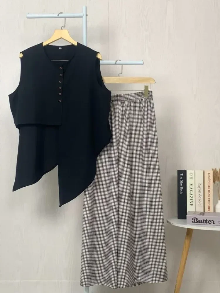 [NEW]ASAYA Celana setelan modis dengan atasan tidak beraturan warna kontras panjang sedang dan pinggang tinggi yang menyanjung tubuh