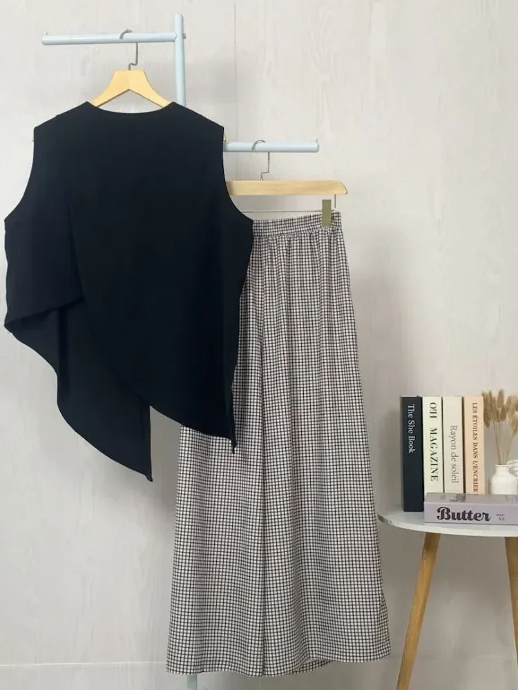 [NEW]ASAYA Celana setelan modis dengan atasan tidak beraturan warna kontras panjang sedang dan pinggang tinggi yang menyanjung tubuh