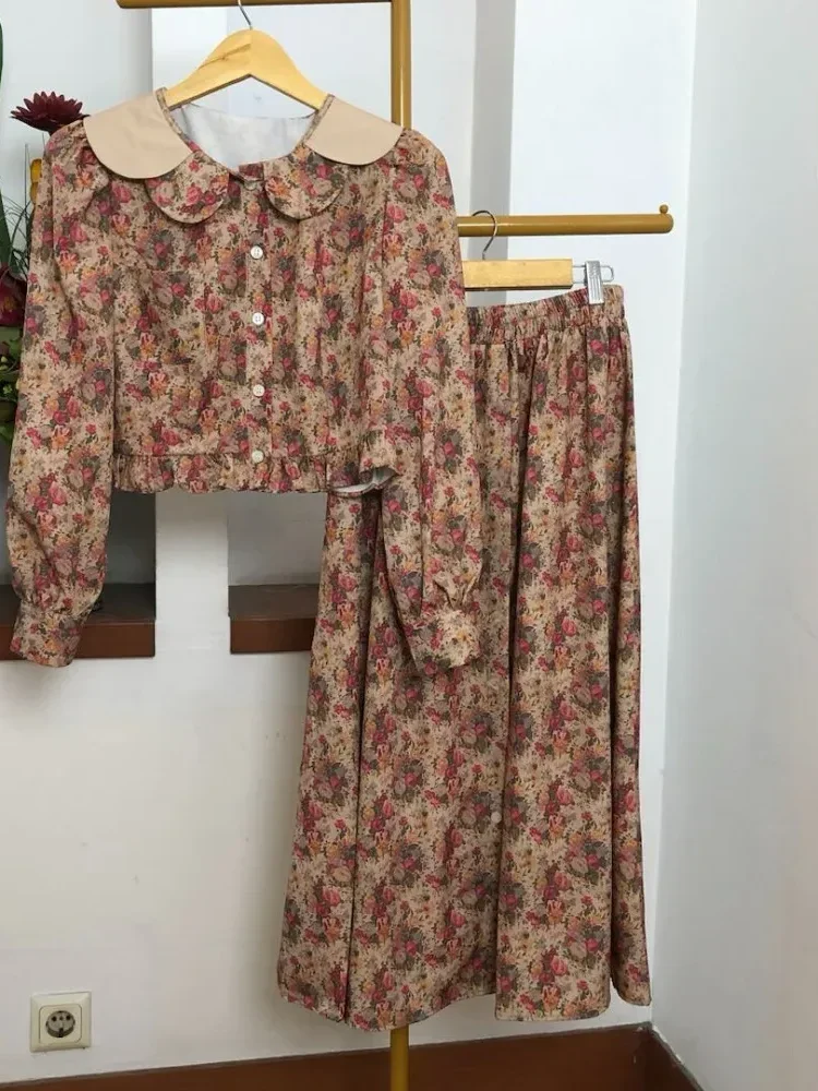 [READY STOCK]ASAYA Rok kemeja lengan panjang leher awak setelan bunga