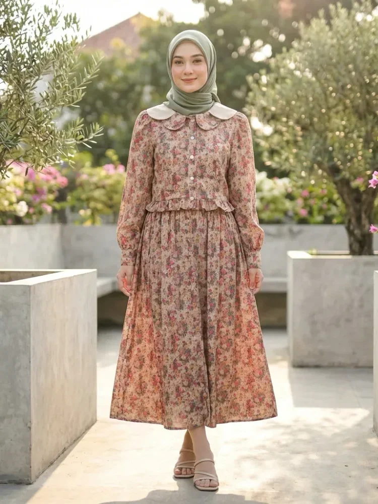 [READY STOCK]ASAYA Rok kemeja lengan panjang leher awak setelan bunga