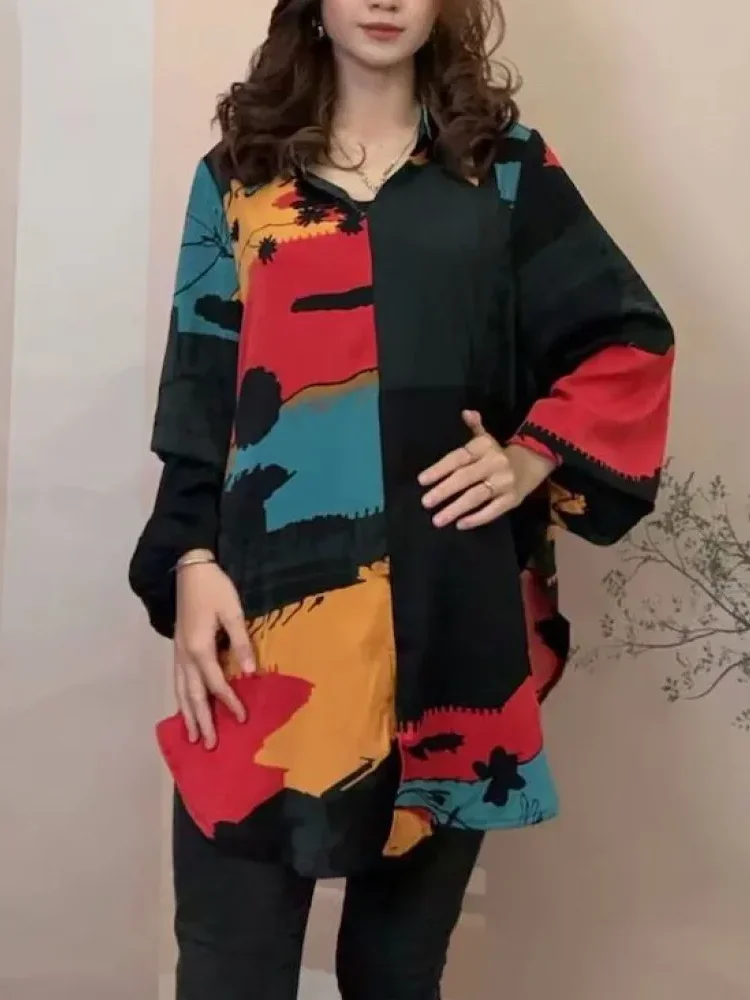 ASAYA Atasan wanita kemeja wanita motif pantai lengan panjang longgar gaya kasual