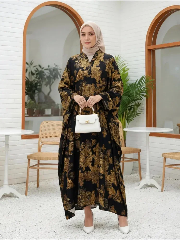 [READY STOCK]ASAYA Gaun gaya modis dengan kerah setengah terbuka dan motif geometris retro wanita