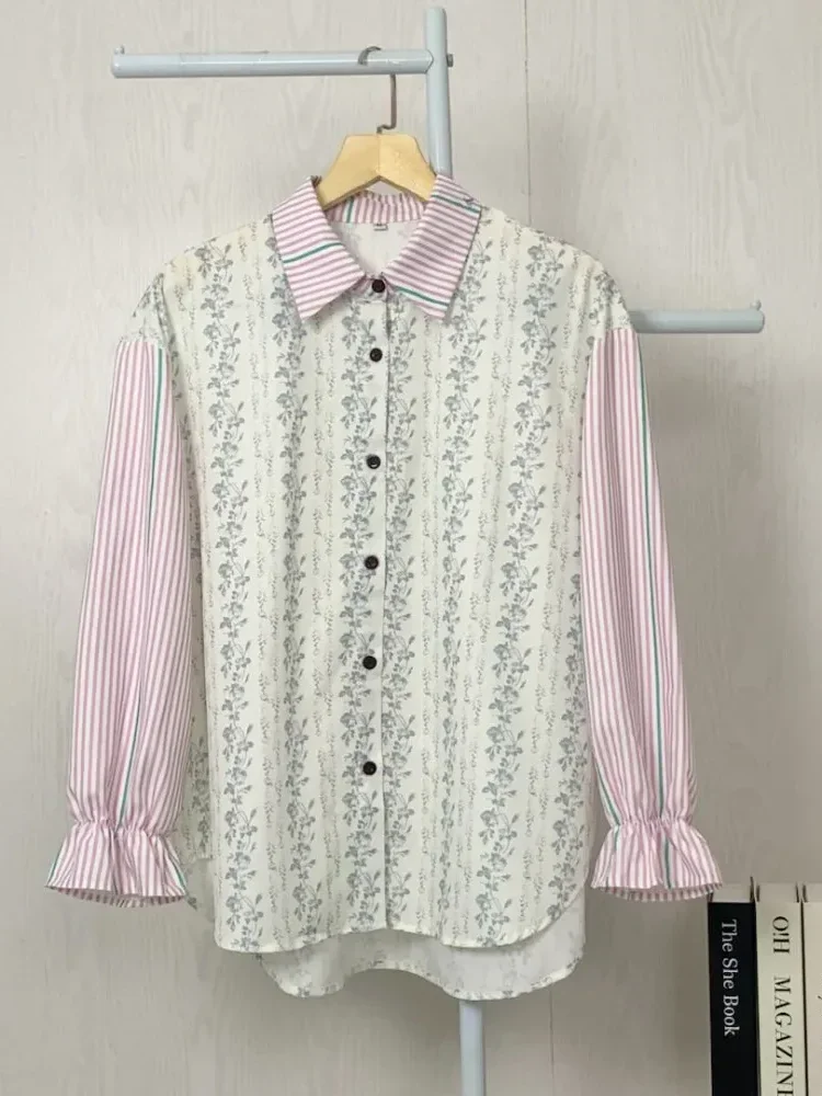 [READY STOCK]ASAYA Kemeja kasual tambal sulam motif bunga bergaris