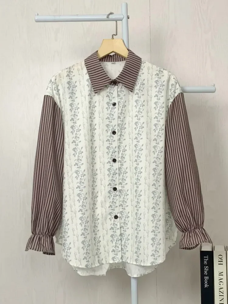 [READY STOCK]ASAYA Kemeja kasual tambal sulam motif bunga bergaris