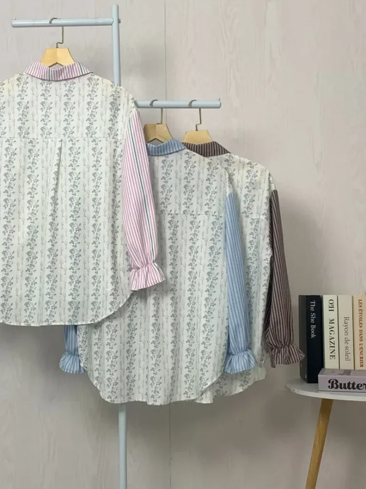 [READY STOCK]ASAYA Kemeja kasual tambal sulam motif bunga bergaris