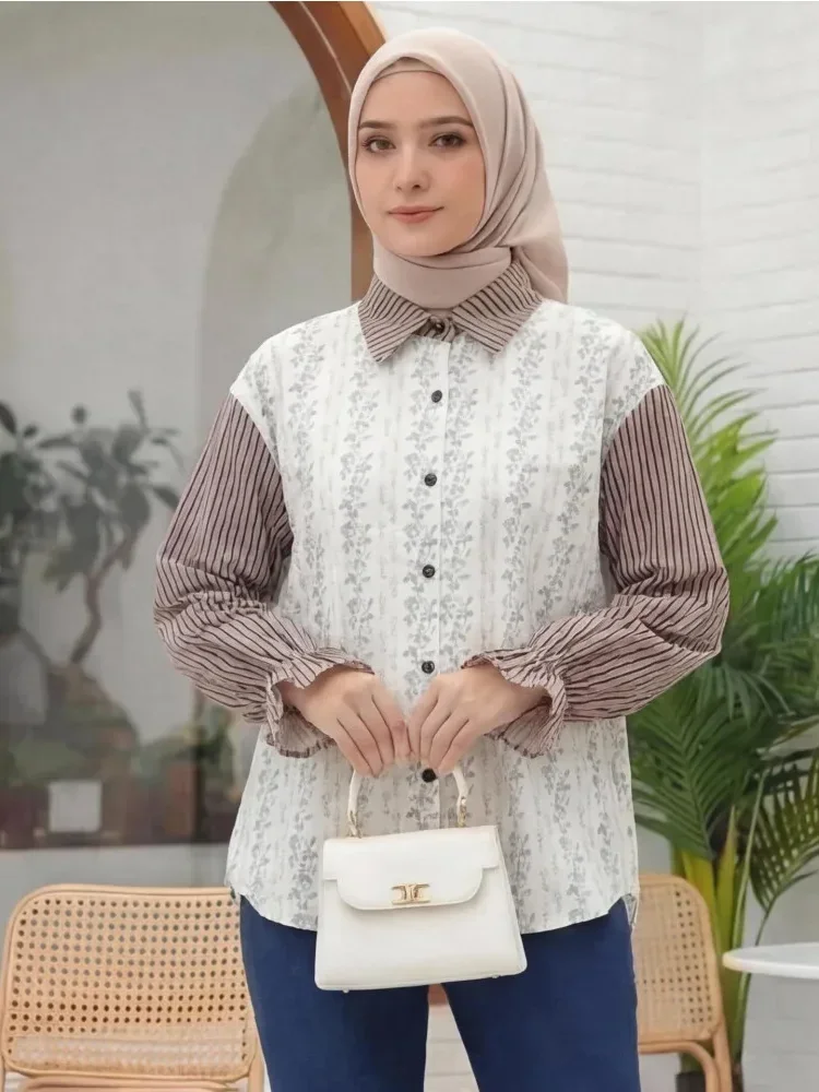 [READY STOCK]ASAYA Kemeja kasual tambal sulam motif bunga bergaris