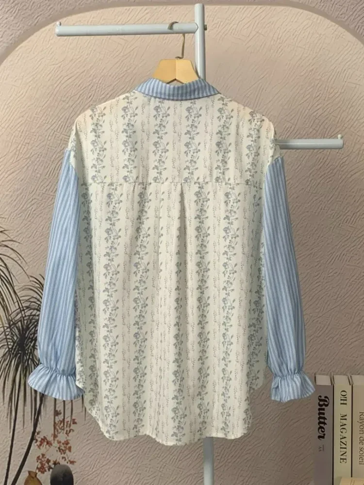 [READY STOCK]ASAYA Kemeja kasual tambal sulam motif bunga bergaris