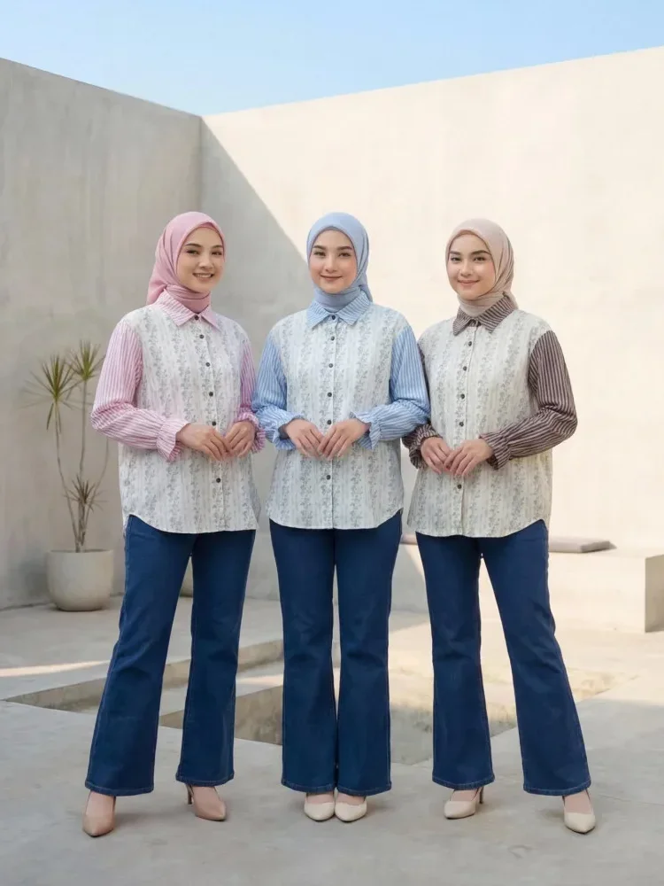 [READY STOCK]ASAYA Kemeja kasual tambal sulam motif bunga bergaris